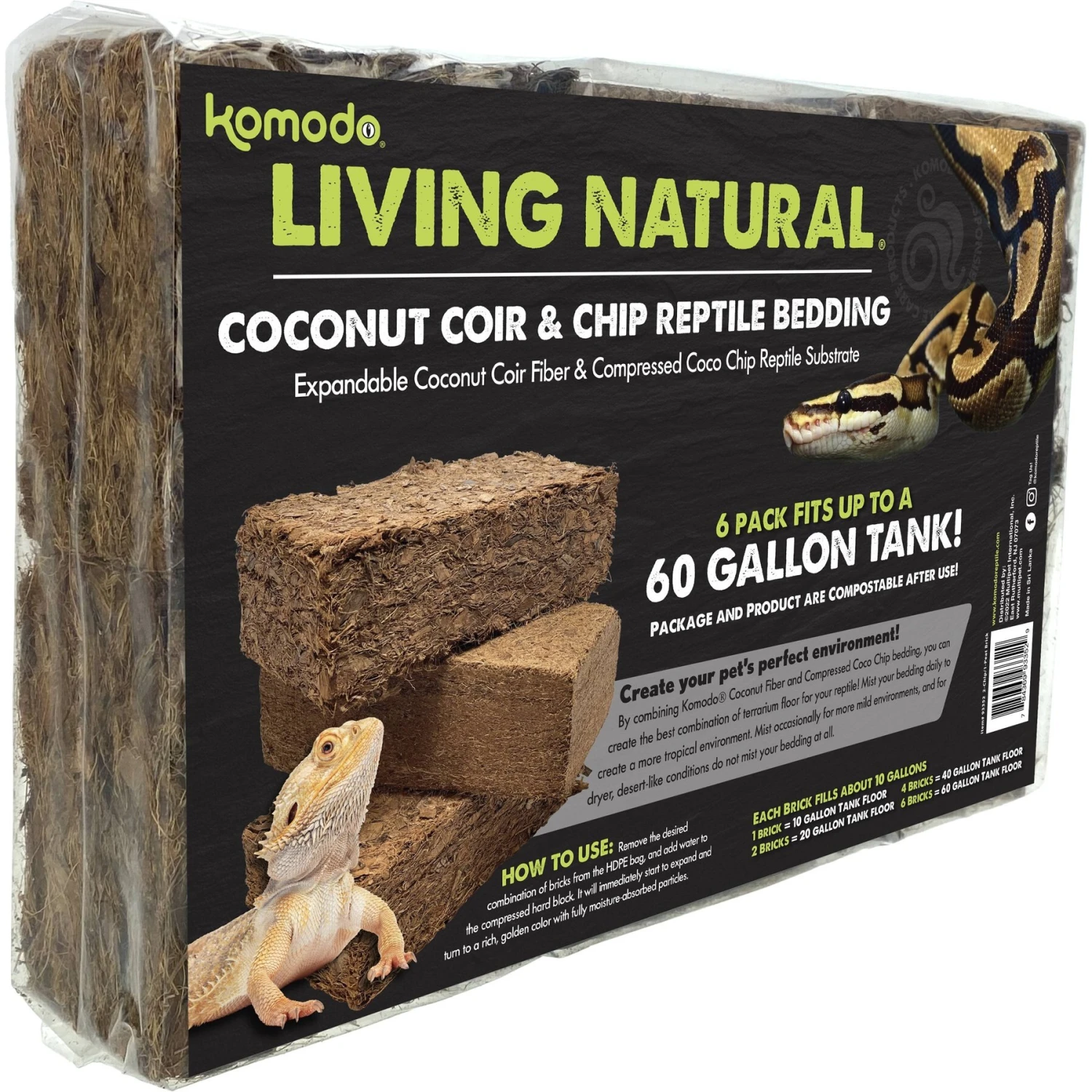 Komodo Coir Chips & Peat Reptile Bedding Variety Pack, Brown, 6 Count, 60-gal