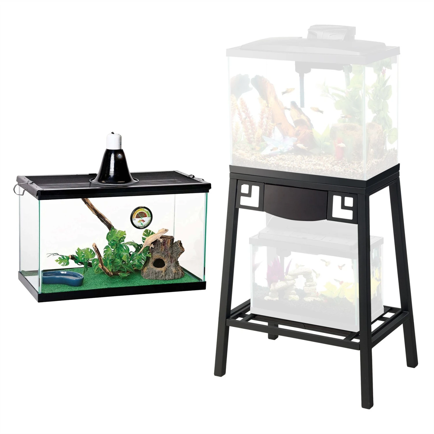 Aqueon Forge Metal Aquarium Stand, Black & Brown & Zilla Tropical Reptile Terrarium Starter Kit With Light & Heat